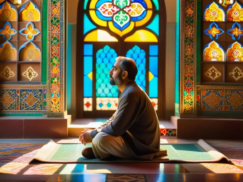 Revelaciones místicas Mahmud Shabistari contemplando en una mezquita persa decorada, iluminada por luz solar y manuscritos iluminados