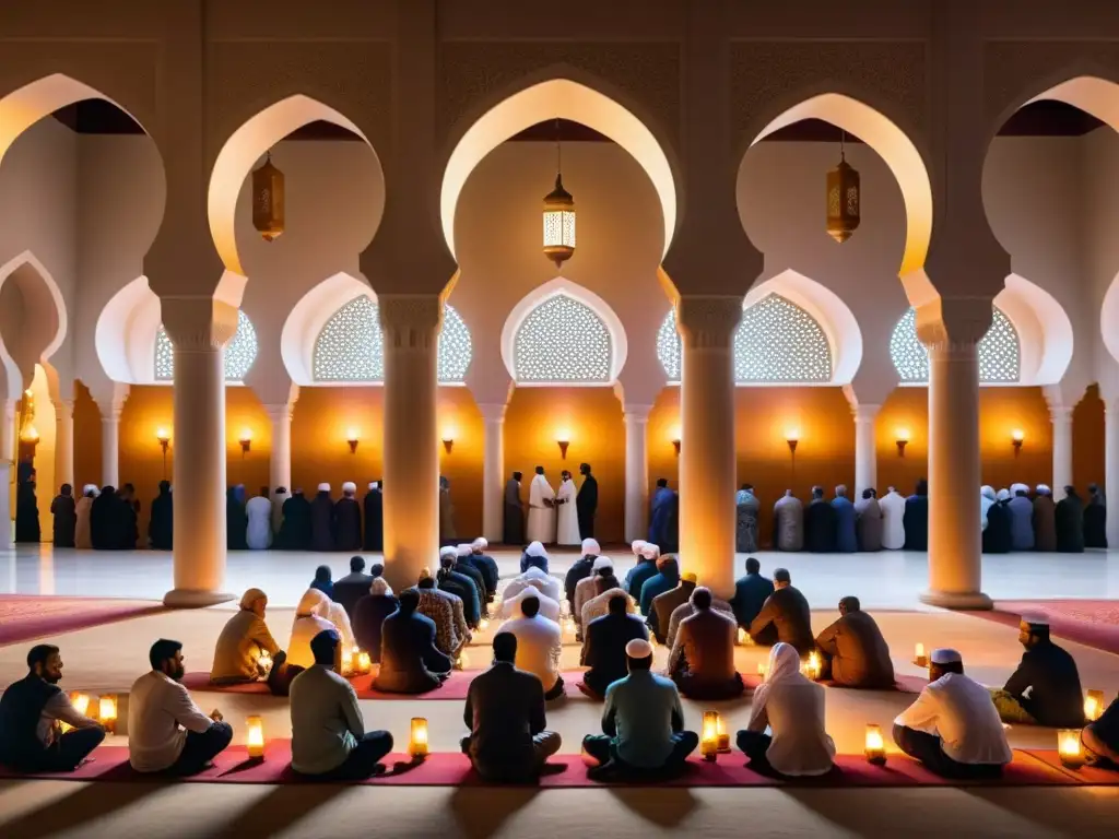 Reverente reunión de musulmanes en mezquita, iluminados por cálidas linternas y velas