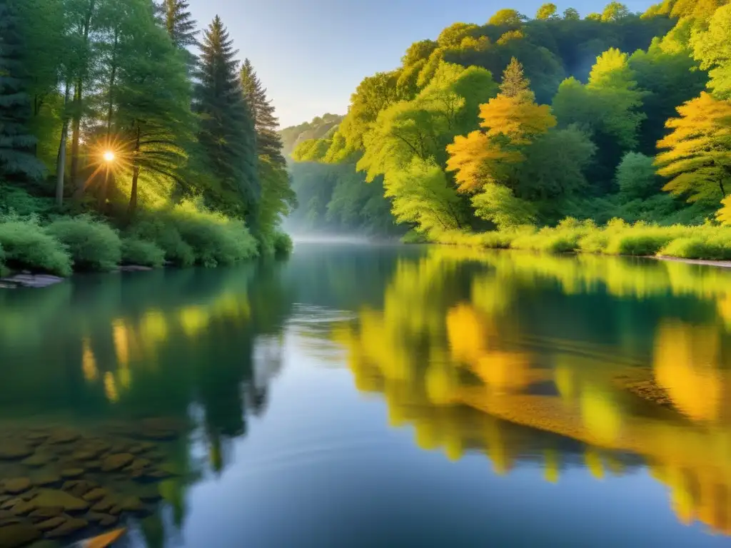 Un río tranquilo fluye entre un bosque exuberante al atardecer, reflejando una luz dorada