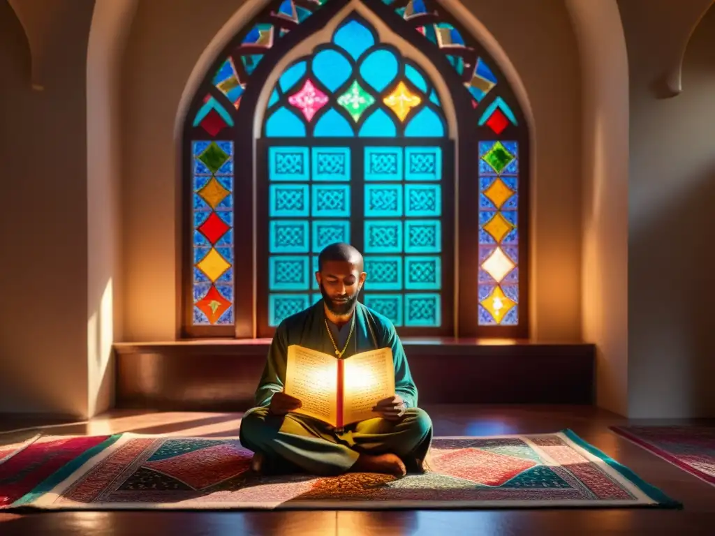 Figura en meditación con poesía sufí, rodeada de arte y colores, reflejando influencia poesía sufí literatura contemporánea