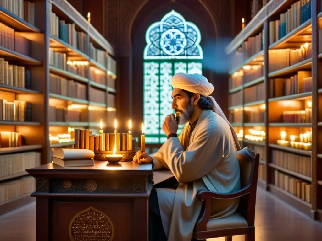 Ibn Sina, rodeado de manuscritos en una biblioteca ricamente decorada, iluminado por la luz de las velas