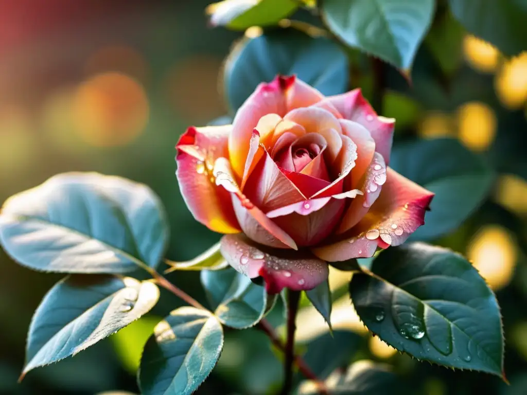 Una rosa roja y delicada con gotas de rocío, iluminada por el sol en un jardín tranquilo