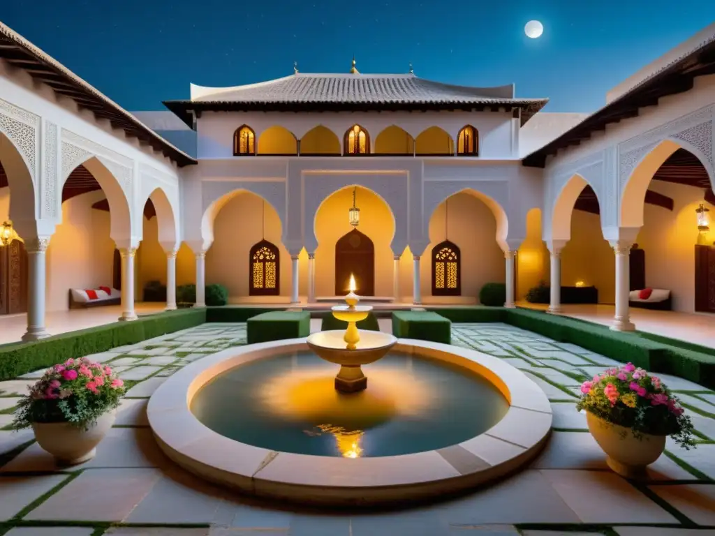 Un romántico patio andaluz iluminado por la luna llena, lleno de flores y detalles arquitectónicos islámicos