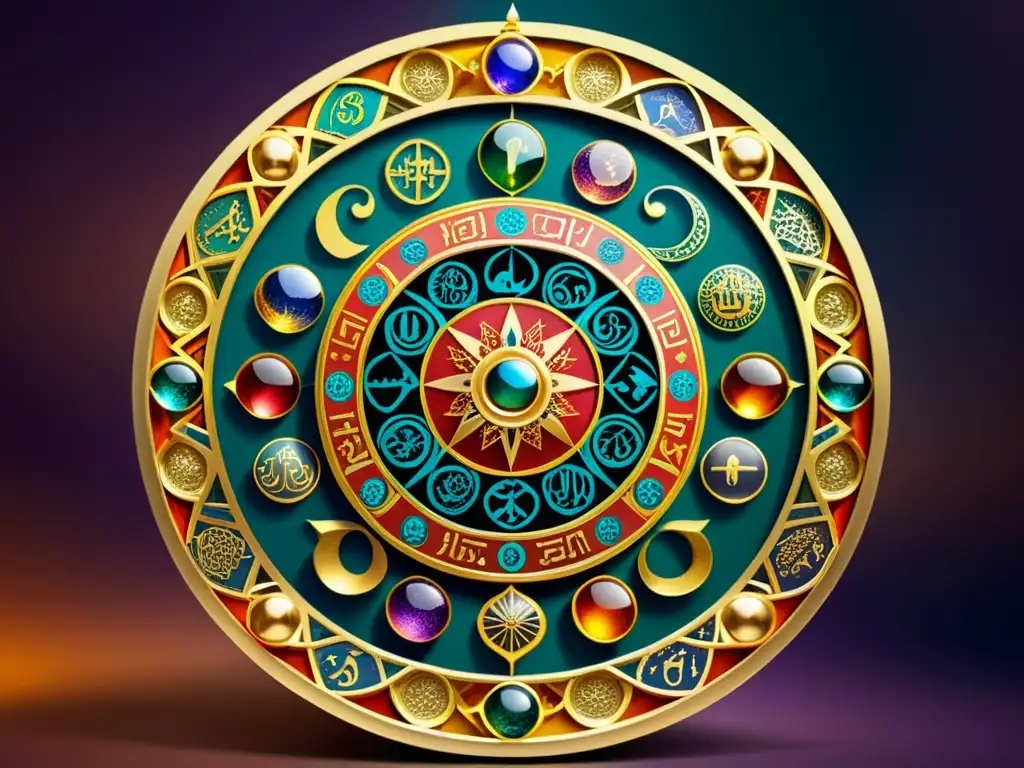 Una rueda zodiacal islámica detallada con intrincada iconografía y patrones geométricos, adornada con colores vibrantes y oro, capturando la esencia de la iconografía astrología islámica rueda