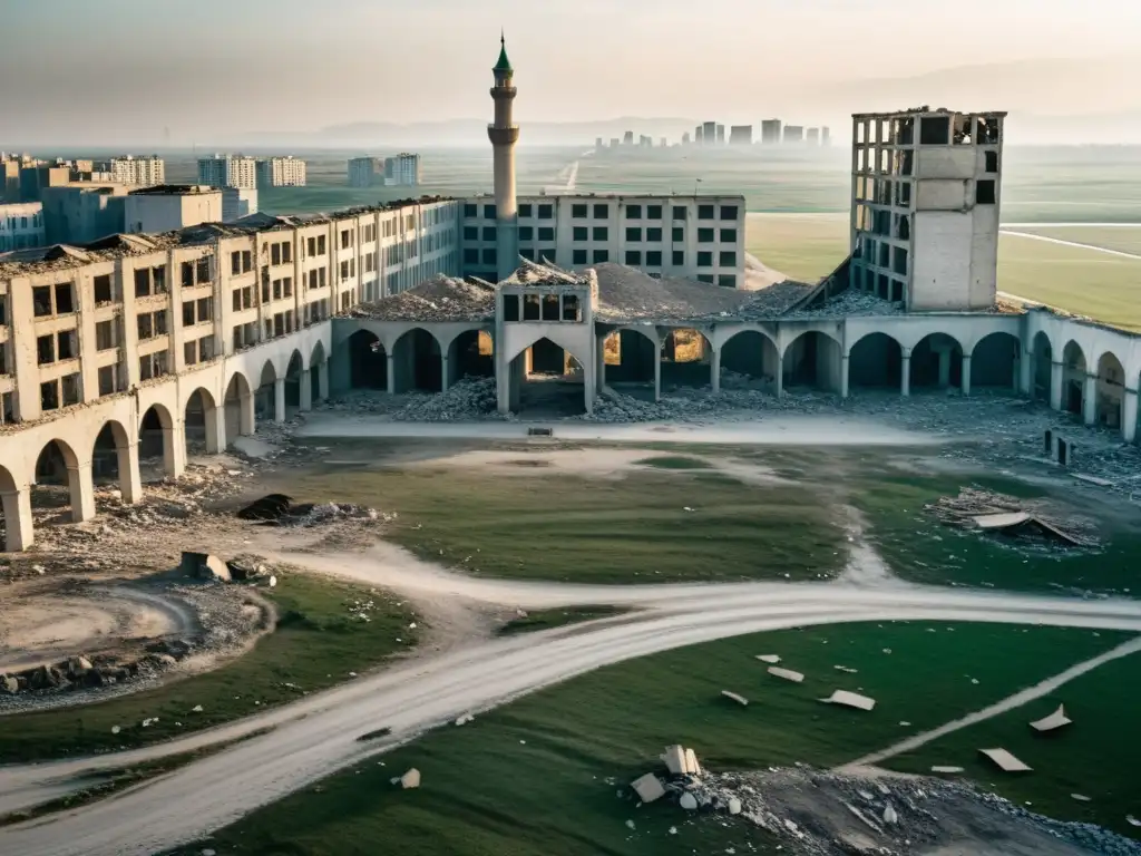 Ruinas detalladas de Grozny, Chechenia, mostrando la devastación del conflicto y la historia islámica