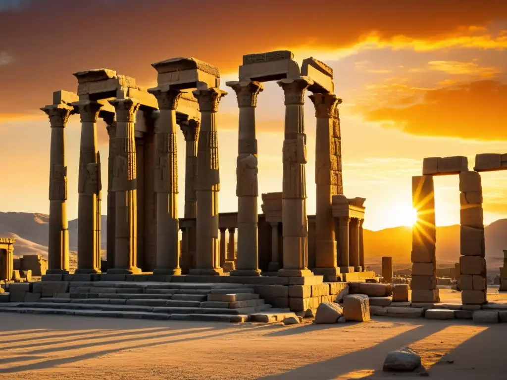 Ruinas detalladas de Persepolis al atardecer, destacando la grandeza y la historia, con impacto de los Ilkanatos en Persia