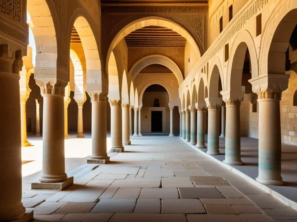 Ruinas de la Gran Mezquita de Kairouan en Túnez, destacando el linaje de los Hafsíes en Túnez con sus detalles arquitectónicos e historia