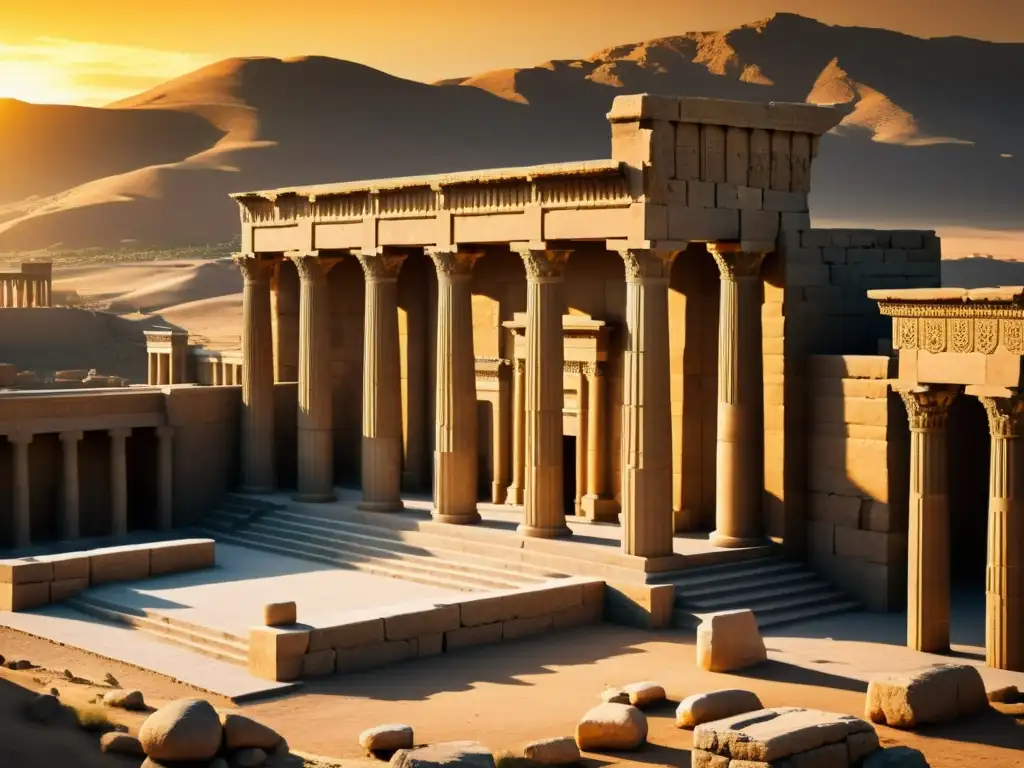 Ruinas majestuosas de Persepolis, influencia persa en arquitectura islámica, bañadas por cálida luz del atardecer