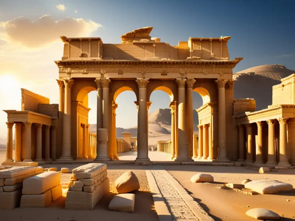 Ruinas majestuosas del Templo de Bel en Palmyra, bañadas en luz dorada, preservación del patrimonio islámico conflicto Asia