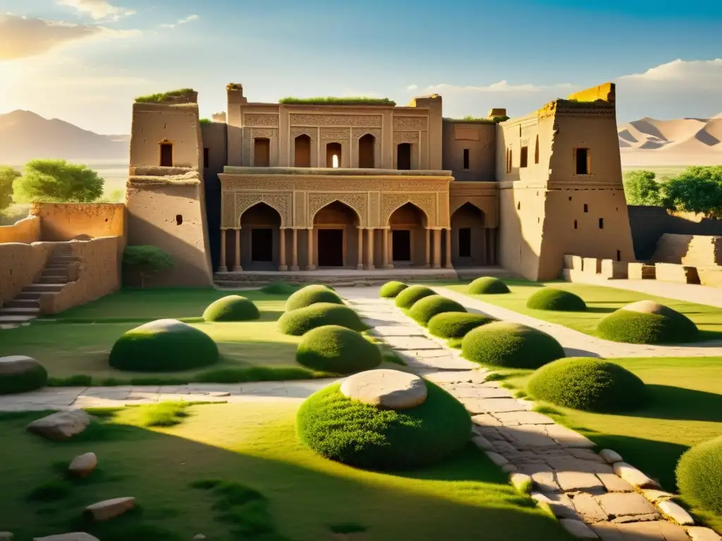 Ruinas de un palacio del Ilkanato en Persia, con detalles arquitectónicos y vegetación exuberante, proyectando un impacto duradero en Persia