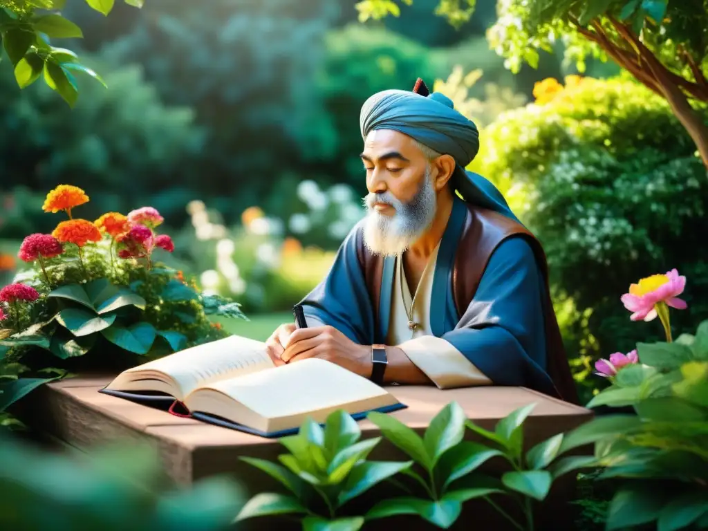 Rumi, inmerso en la naturaleza, escribiendo poesía sufí en un jardín tranquilo con flores vibrantes