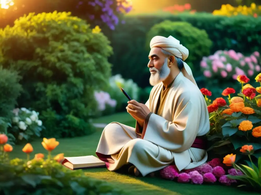 Rumi inmerso en un jardín tranquilo, listo para capturar poesía como vía de conocimiento