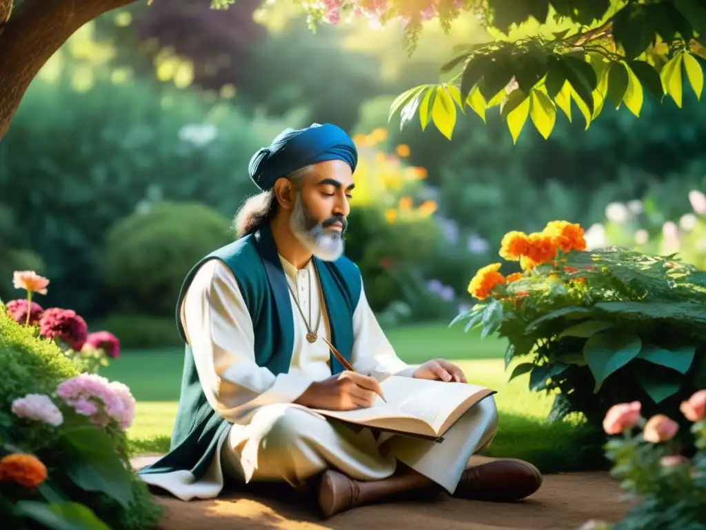 Rumi medita en un jardín sereno, rodeado de flores y verdor, mientras compone poesía mística