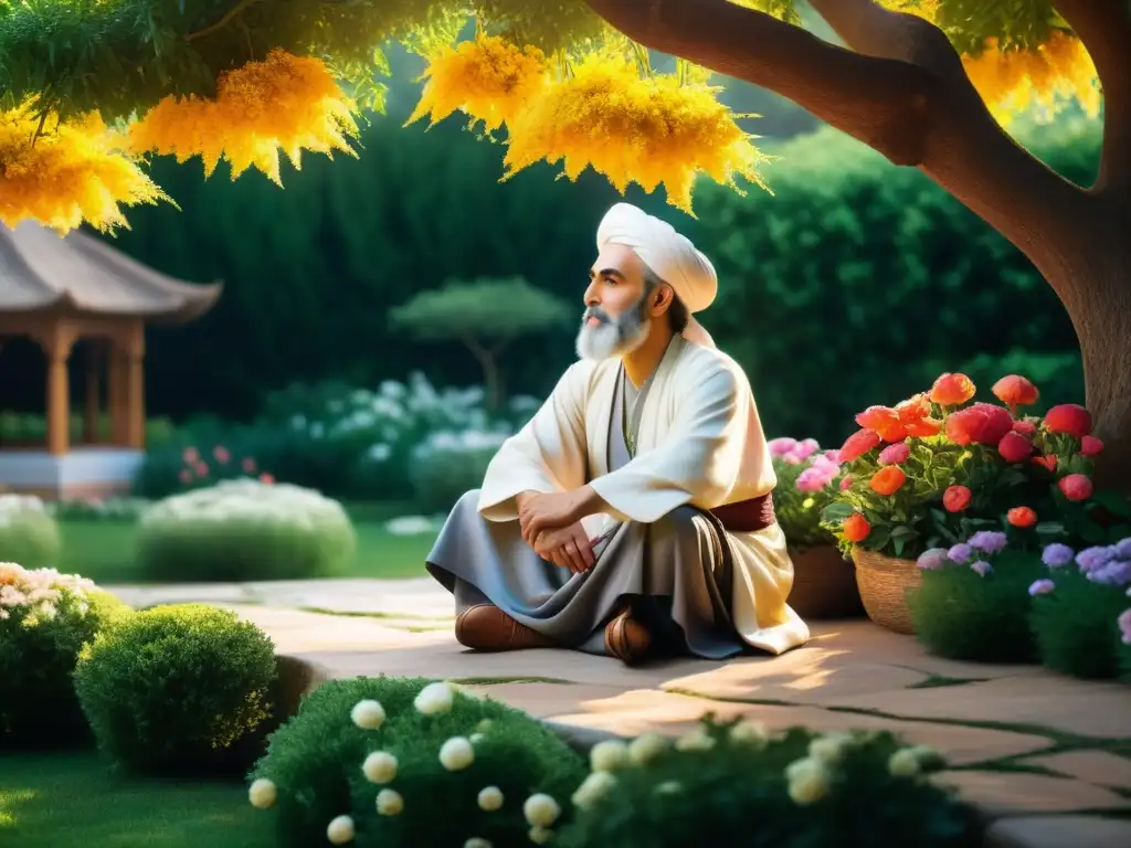 Rumi, el poeta persa, reflexiona en un jardín tranquilo rodeado de flores