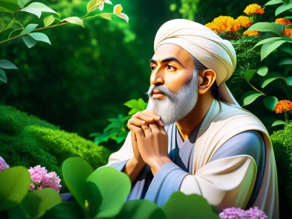 Rumi en profunda contemplación rodeado de exuberante naturaleza, muestra poesía como vía de conocimiento Rumi