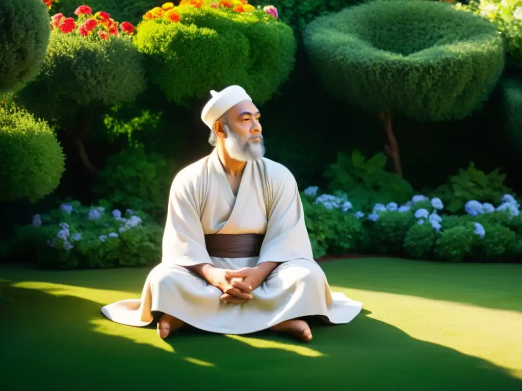 Rumi en un jardín tranquilo, rodeado de flores vibrantes y vegetación exuberante