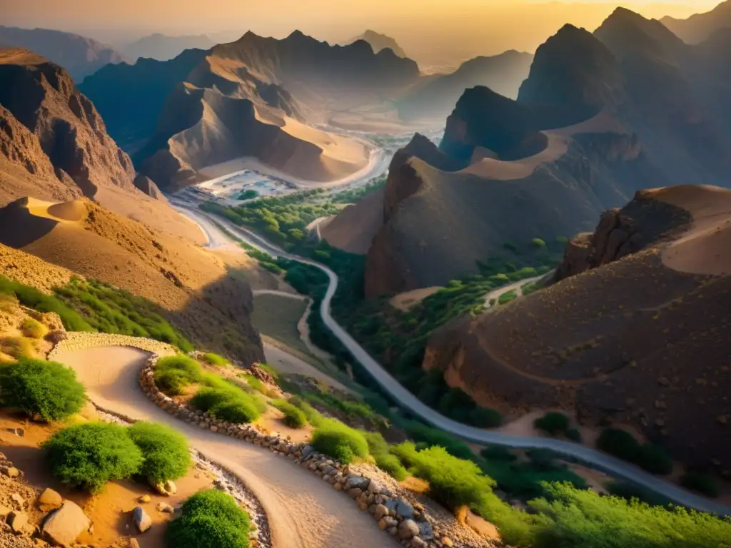 La Ruta de Hira historia islámica: sendero serpenteante hacia la cueva sagrada entre montañas áridas al atardecer