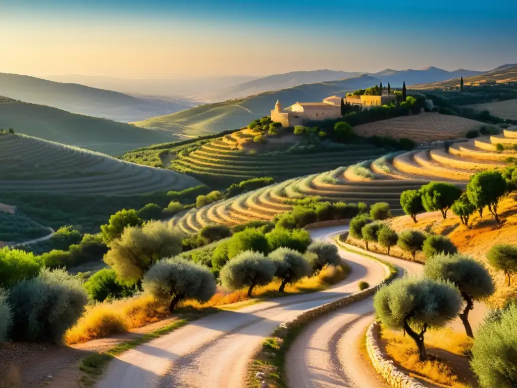 Ruta de los Moriscos: Paisaje mágico y cultural La Ruta de los Moriscos serpentea entre olivares y colinas en la campiña española, bañada por la cálida luz del atardecer