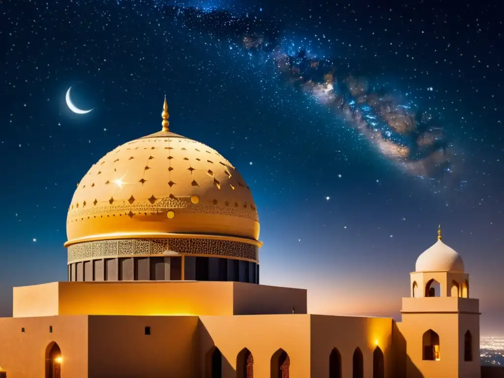 Recuperando sabiduría astronómica Islam: observatorio islámico detallado con patrones geométricos y caligrafía árabe, bajo un cielo estrellado