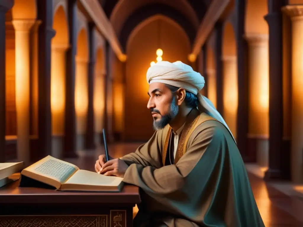 Ibn Khaldun concentra su sabiduría en una biblioteca antigua, componiendo su obra sobre la filosofía de la historia en el mundo islámico