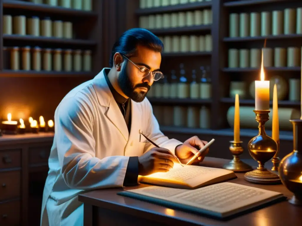 AlRazi en su laboratorio: descubrimiento y pasión El sabio AlRazi en su laboratorio, realizando experimentos entre manuscritos antiguos y cristalería