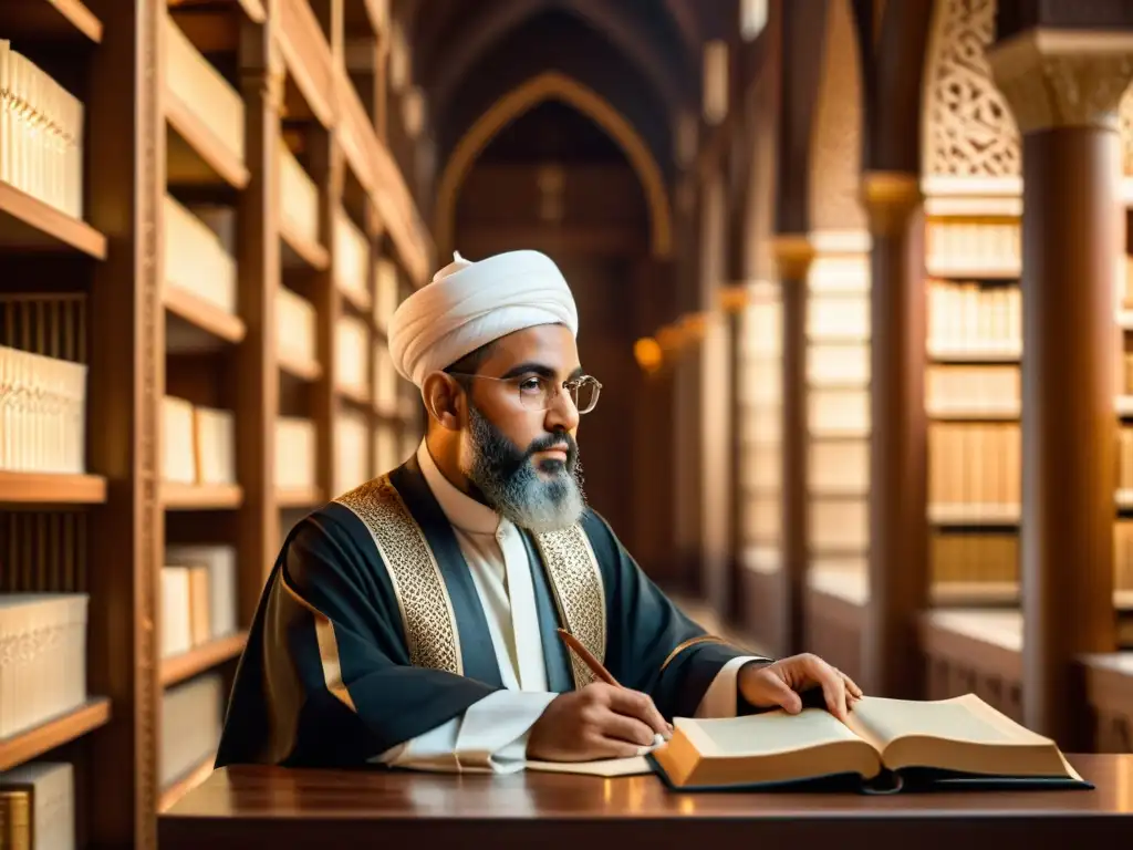 Un sabio erudito islámico estudia antiguos textos en una majestuosa biblioteca, rodeado de patrones geométricos islámicos
