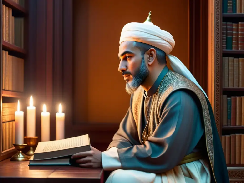 Un sabio Ibn Hazm reflexiona sobre la filosofía del amor en su lujoso estudio iluminado por velas