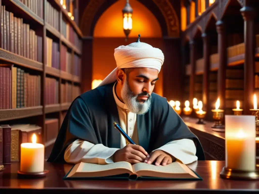 Un sabio islámico meditando en su biblioteca, rodeado de instrumentos científicos y poesía, en una escena de alquimia de palabras en el Islam medieval