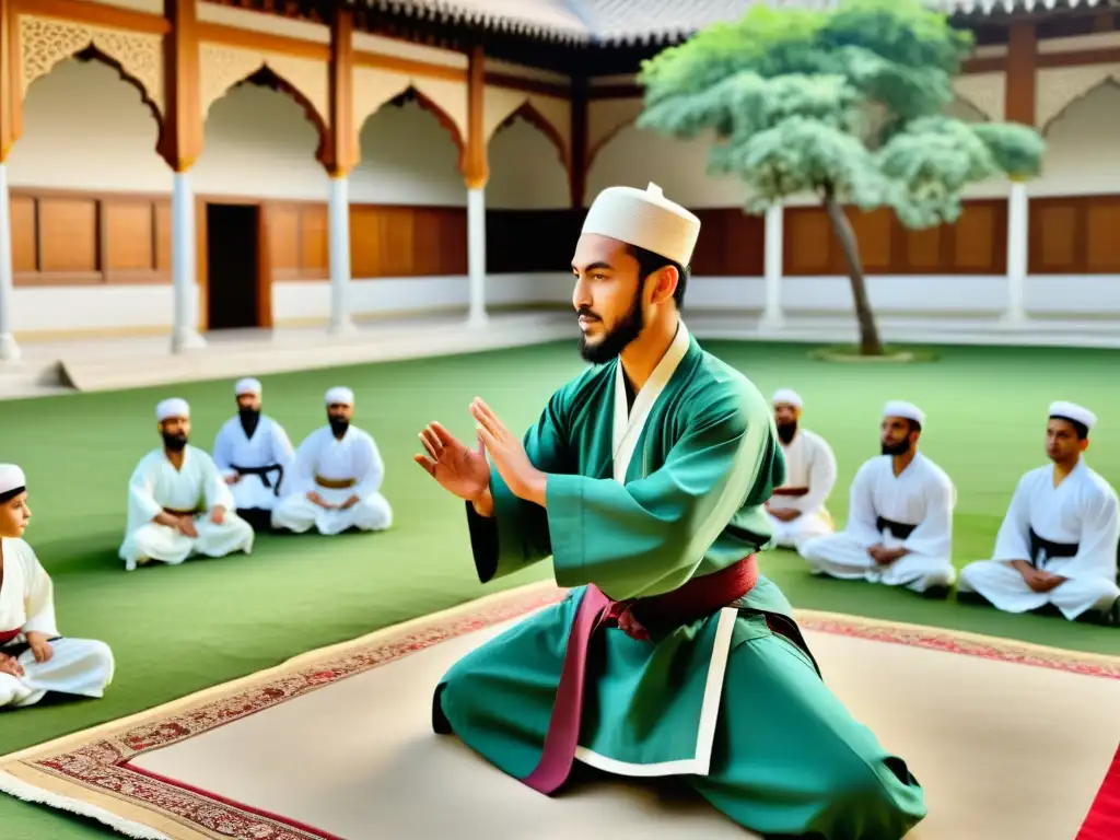 Un sabio islámico enseña técnicas de artes marciales en un hermoso patio, mostrando la influencia de la medicina islámica en las artes marciales