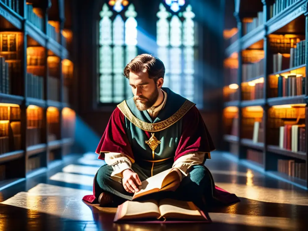 Un sabio medieval absorto en la contemplación en una biblioteca iluminada por la luz del sol, rodeado de antiguos manuscritos y pergaminos