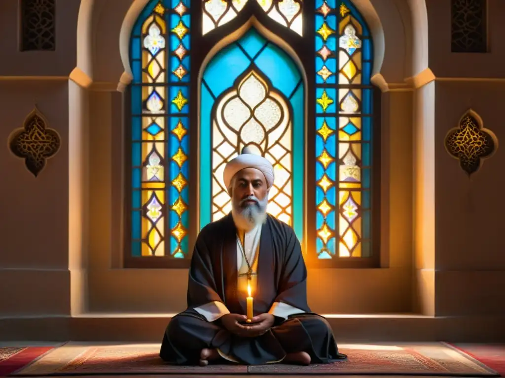 Un sabio sufí medita en una mezquita iluminada por luz tenue, conectando con lo divino a través de la literatura sufí experiencia divina