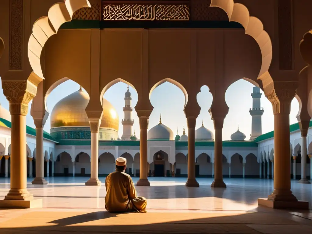 Un sabio reflexiona en un tranquilo patio del antiguo mosqueo, bañado por la cálida luz dorada