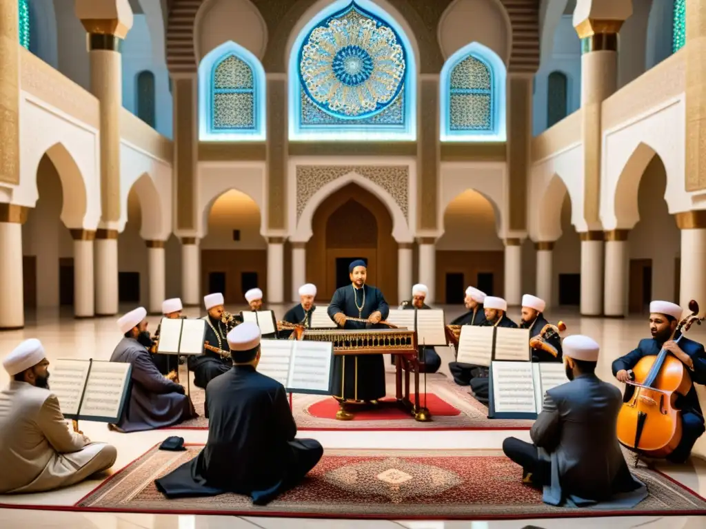 Safi alDin alUrmawi dirige músicos en una mezquita, con instrumentos musicales islámicos y detalles arquitectónicos