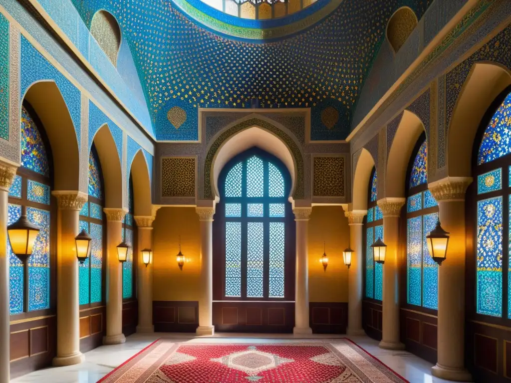 Dinastía Sají en Irán preselyúcida: Majestuoso salón palaciego con decoración opulenta, ventanales de vidrieras y tronos ricamente adornados