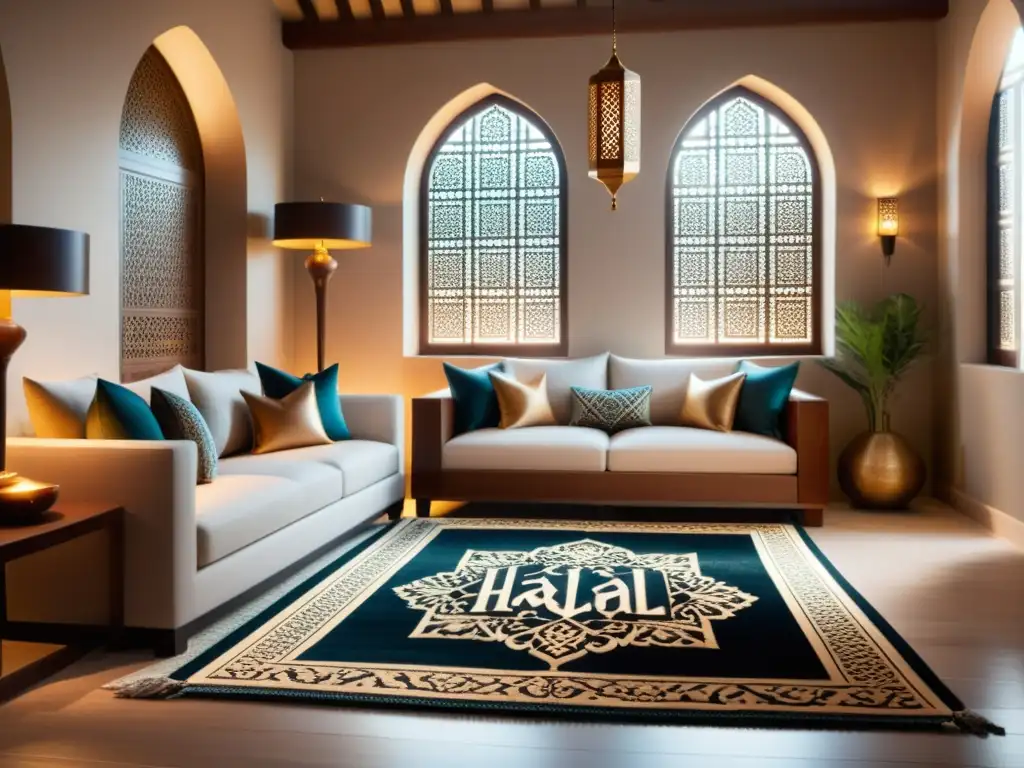 Salón halal sereno y elegante con accesorios integrados Una sala bellamente decorada con accesorios halal para decoración hogar, bañada en cálida luz natural