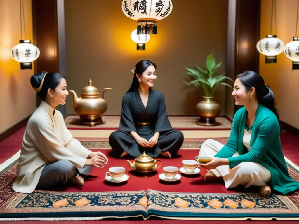 En una sala decorada con caligrafía árabe, té y hospitalidad islámica, un grupo disfruta de una ceremonia de té tradicional