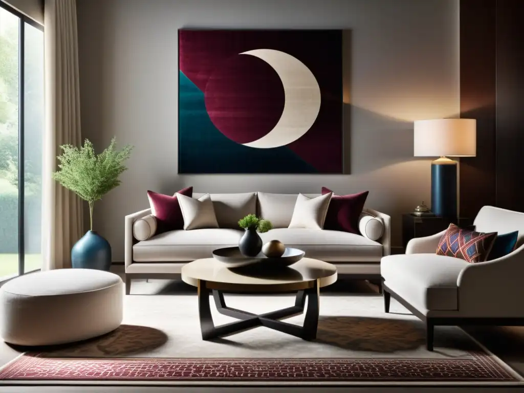 Salón moderno con motivos islámicos sutiles Una sala de estar moderna con motivos islámicos sutiles en la decoración, fusionando arte islámico y diseño contemporáneo