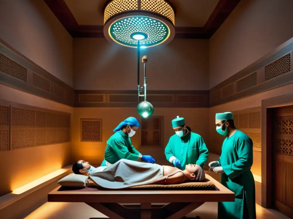 Escena quirúrgica islámica: precisión histórica En una sala de operaciones islámica antigua, cirujanos y anestesistas realizan una cirugía con herramientas tradicionales