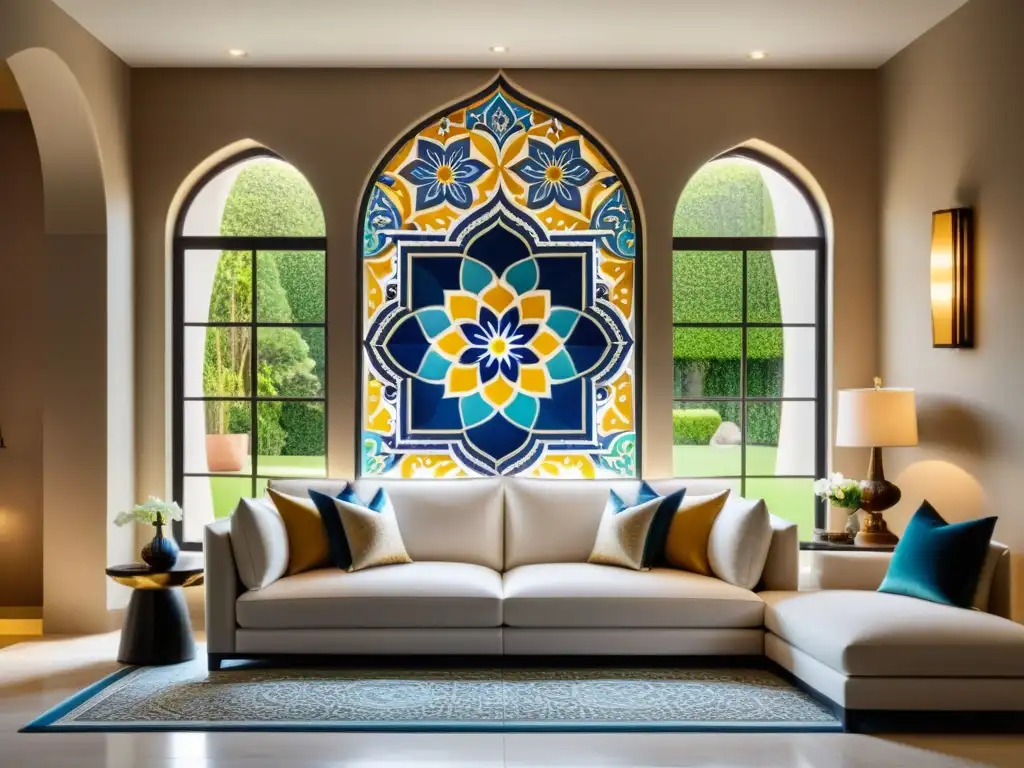 Salón contemporáneo con mural de azulejos inspirado en la cerámica islámica, creando una atmósfera cálida y sofisticada