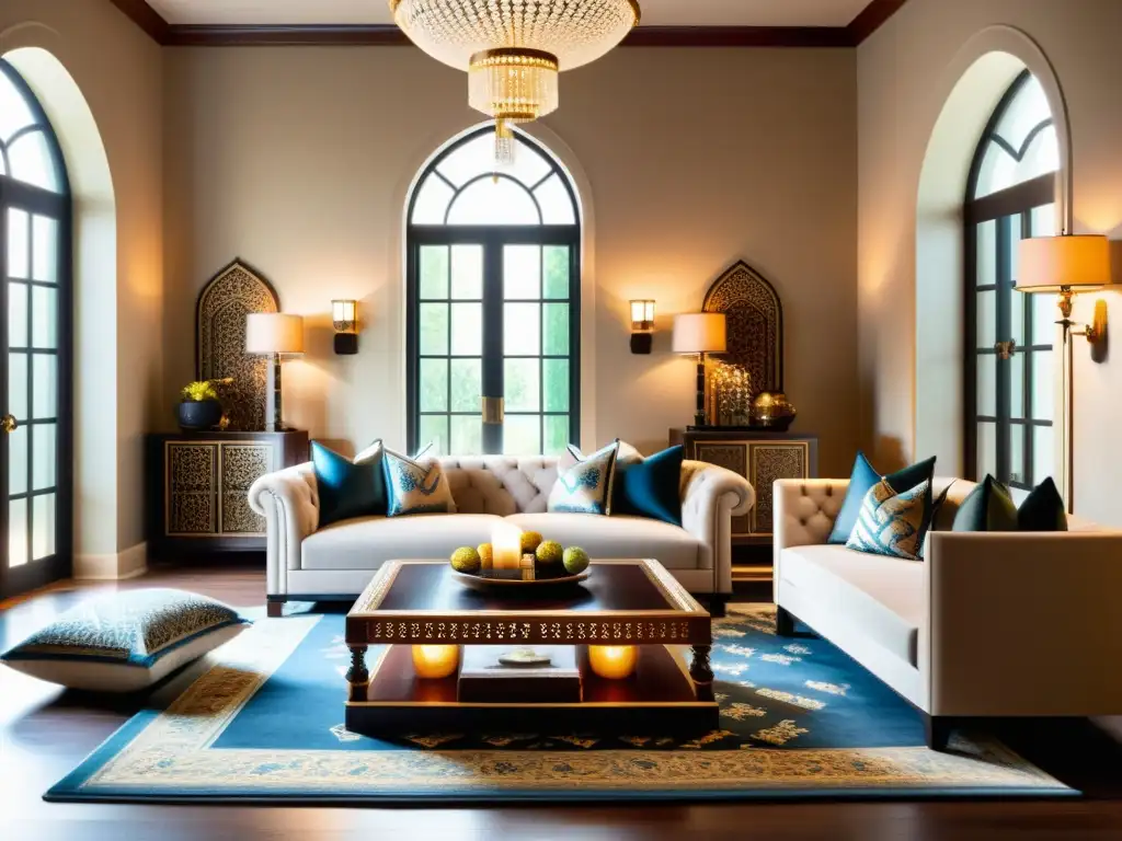 Salón de lujo con muebles islámicos elegantes Salón lujoso con muebles e decoración islámica, accesorios halal para decoración hogar, patrones ornamentales y paleta de colores tranquilos