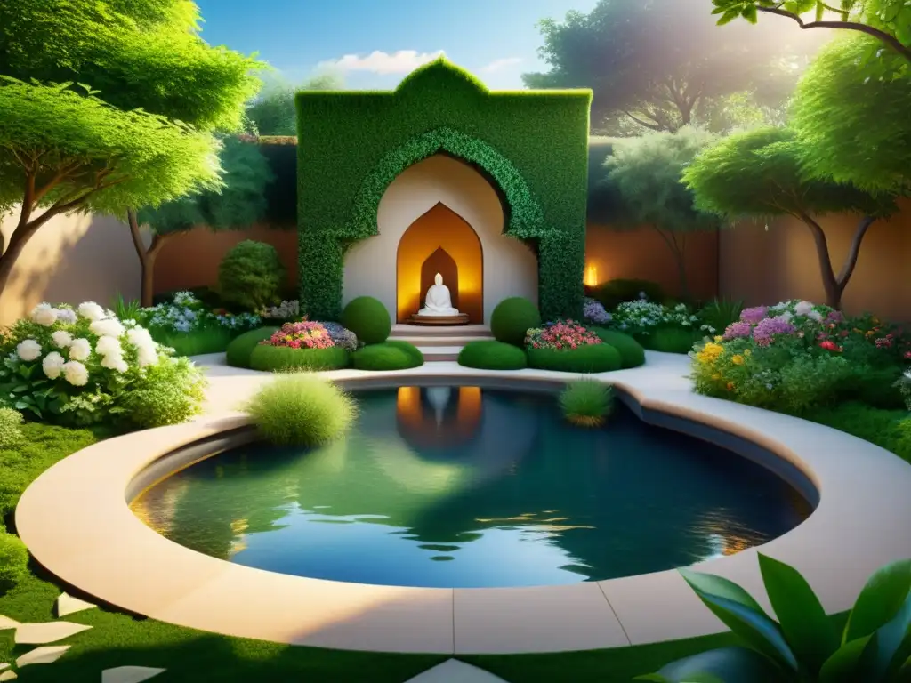 Jardín de sanación islámica con vegetación exuberante y personas practicando medicina profética en el Islam, emana tranquilidad y conexión espiritual