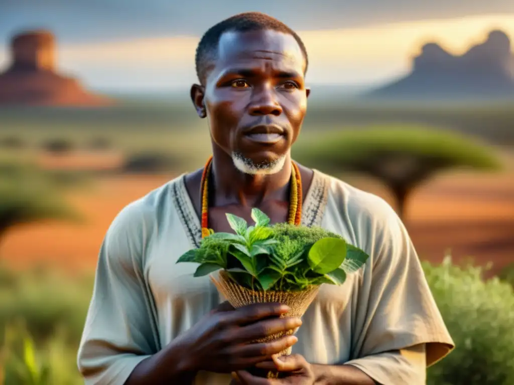 Sanador africano en la sabana con plantas medicinales