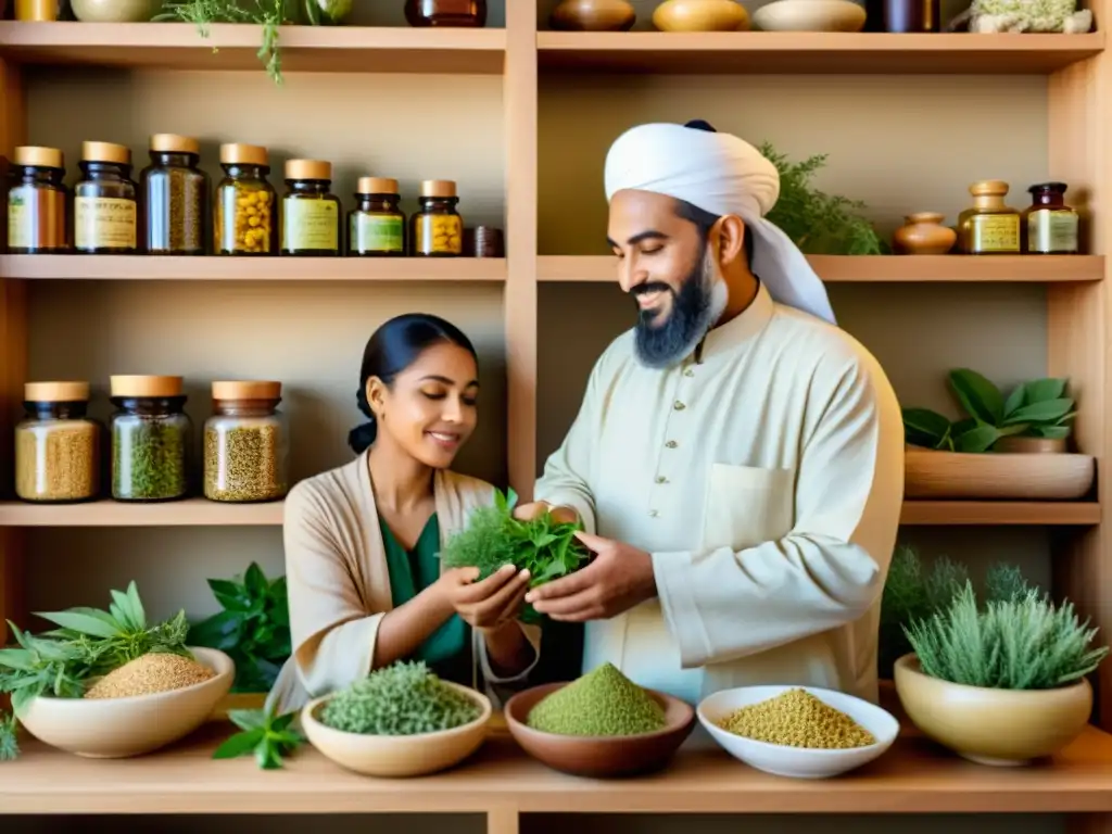 Un sanador islámico administra medicina profética en el Islam, rodeado de hierbas y plantas, en un ambiente tranquilo y curativo