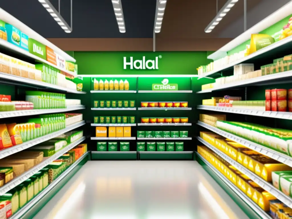 Una sección de supermercado moderno con productos Halal, promoviendo la dieta sin aditivos no Halal en un ambiente cálido y acogedor