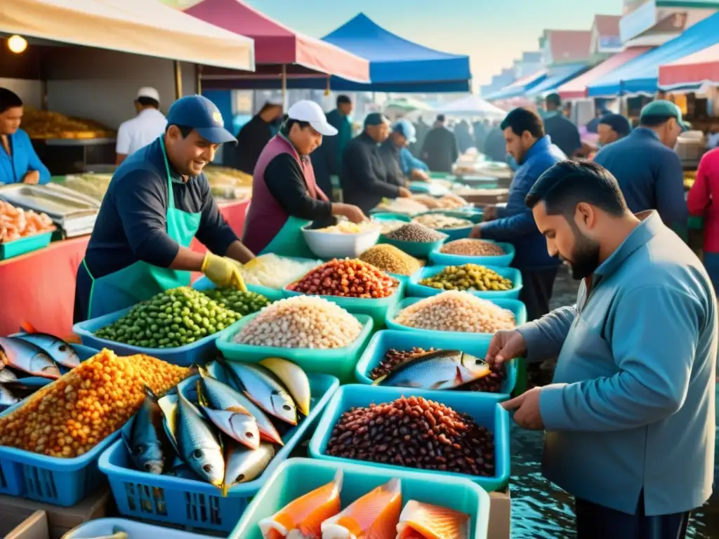 Selección pescados mariscos halal en bullicioso mercado costero, con vendedores y clientes disfrutando de la frescura y colorido del mar