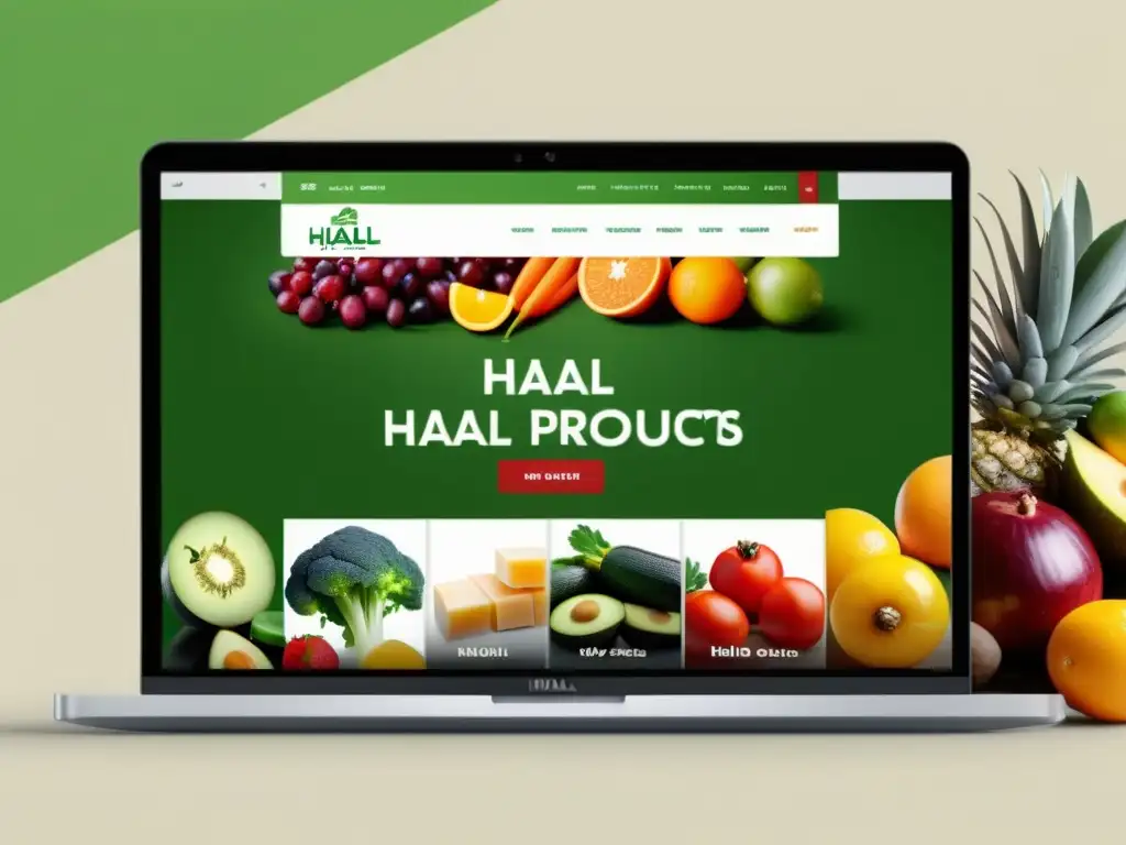 Una selección variada de productos Halal se exhiben en una interfaz web moderna de una tienda online, transmitiendo autenticidad y comodidad