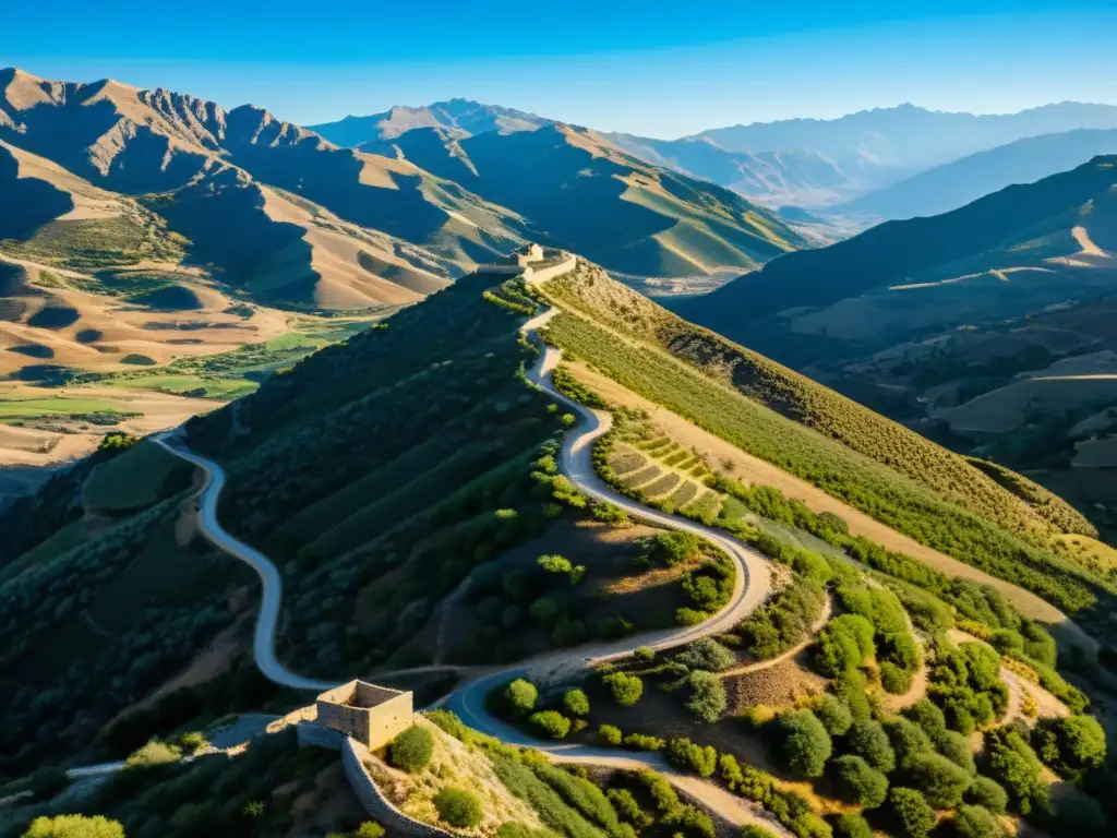 Un sendero impresionante de la Ruta del Califato en España, con montañas imponentes y un cielo azul