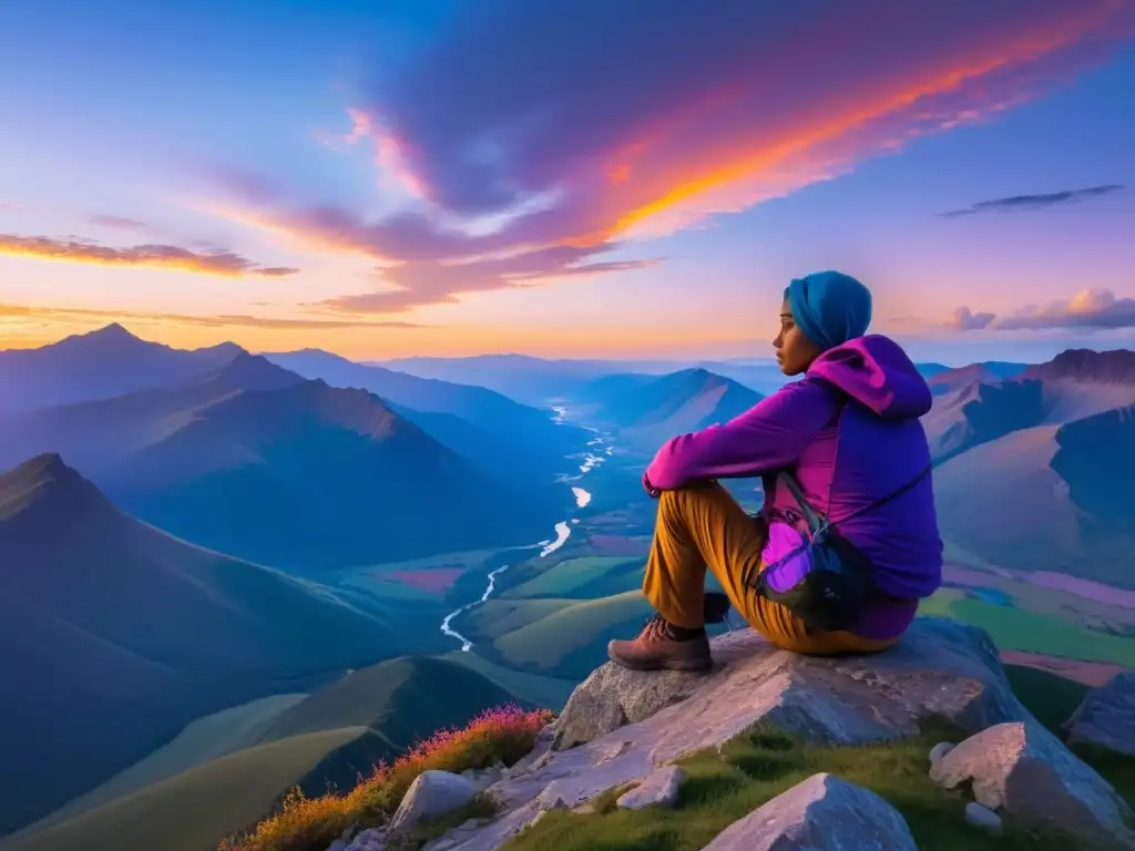 Un ser solitario reflexiona en una montaña al atardecer, rodeado de naturaleza serena