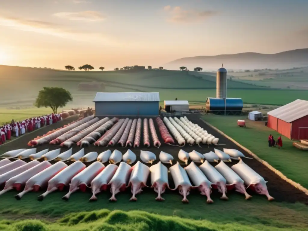 Serena escena rural al amanecer con proceso espiritual carne halal y respetuoso sacrificio de animales por trabajadores expertos