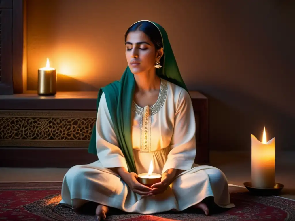 Rabia al-Adawiyya, santa sufí, medita serena en una habitación iluminada por velas